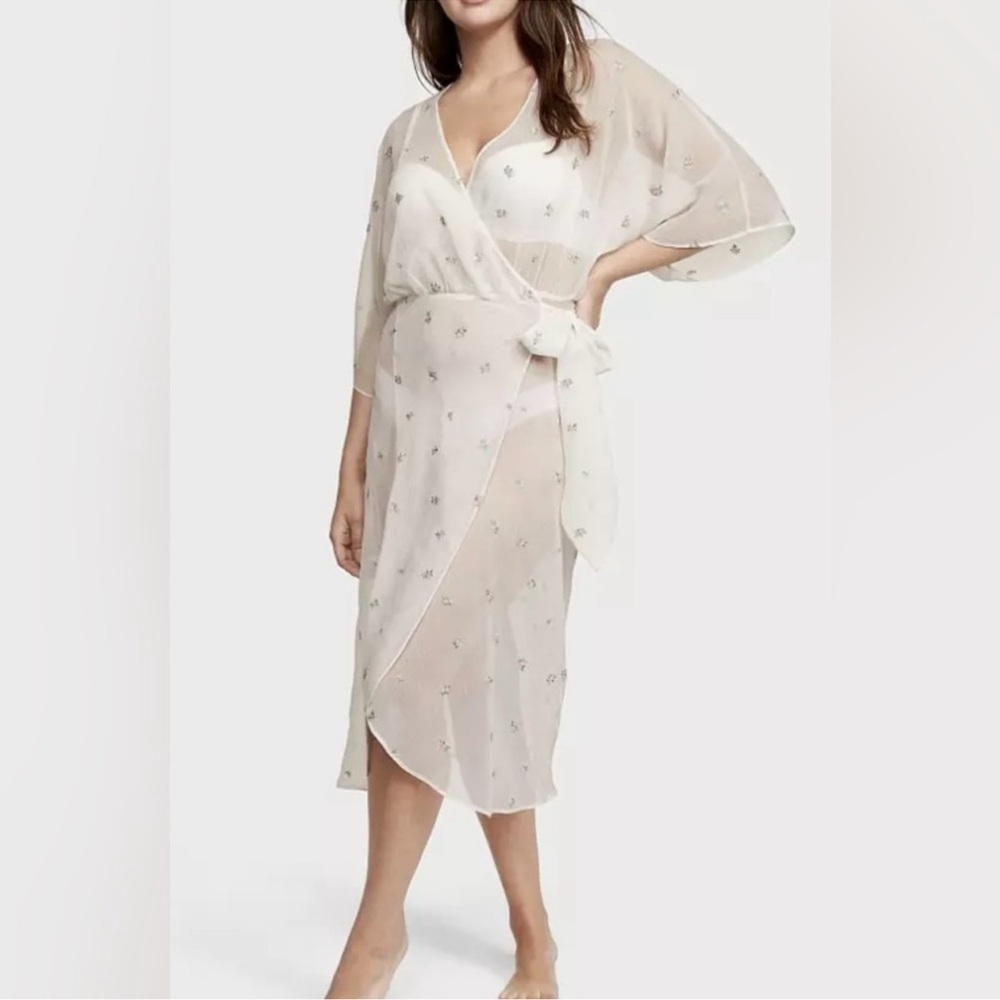 NWT Victoria’s Secret White Sheer Long Embroidered Robe Floral Chiffon M/L